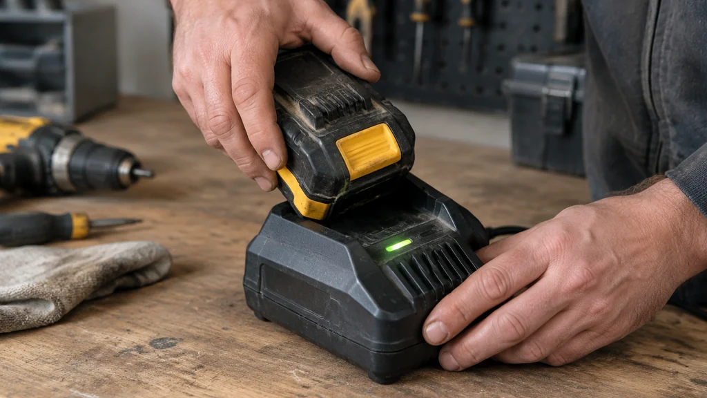 Sliding a lithium-ion pack into its charger on a bench