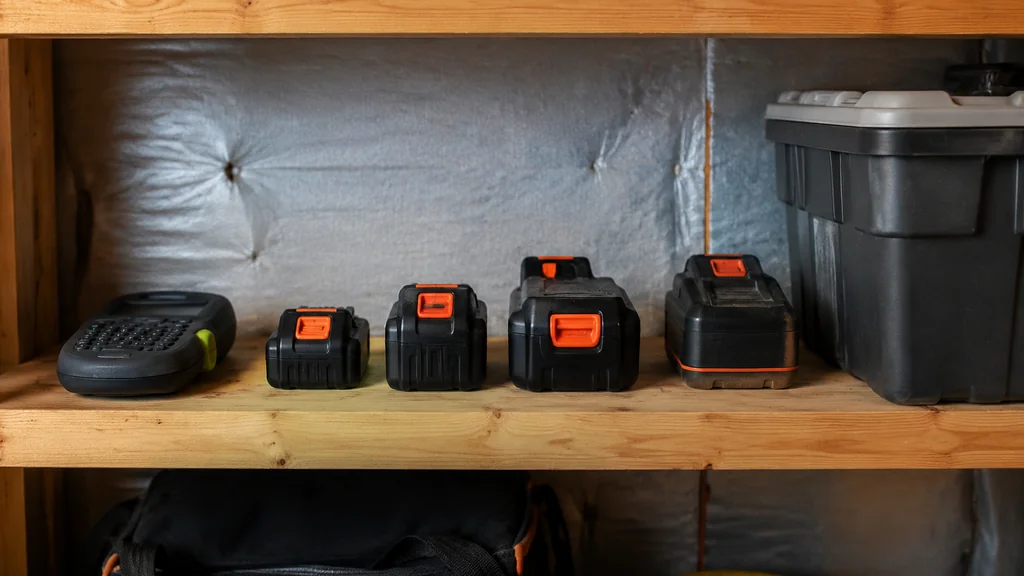 Several cordless battery packs lined up on a garage shelf