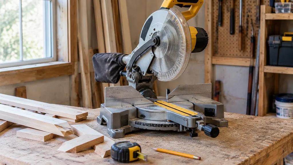Mid-size miter saw on a bench with pine trim offcuts