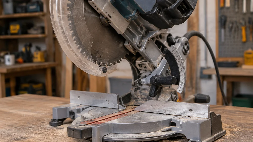 Miter saw head tilted to a bevel angle with gauge visible