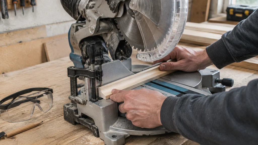 Short trim clamped against a miter saw fence before cutting