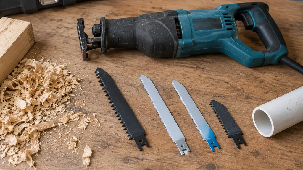 Reciprocating saw blades for wood, metal and demolition laid on a bench