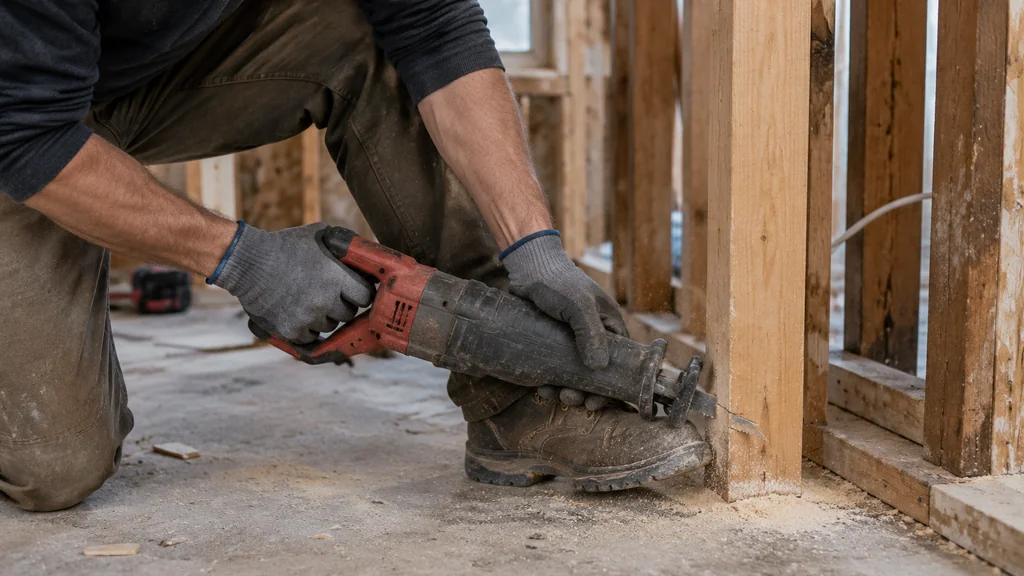 Cutting a wall stud flush to the floor with a reciprocating saw