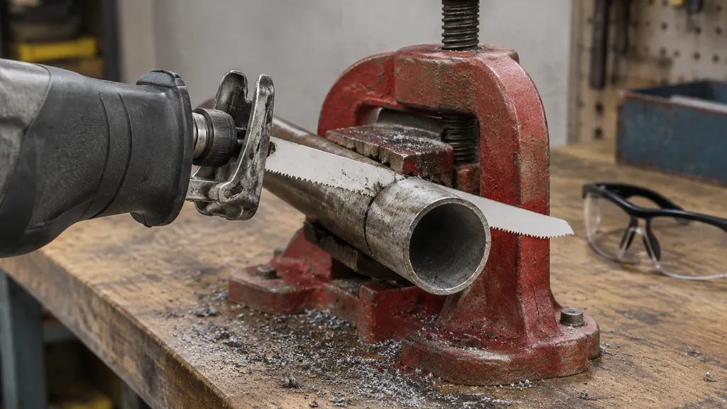 Reciprocating saw cutting a clamped metal pipe with a bi-metal blade
