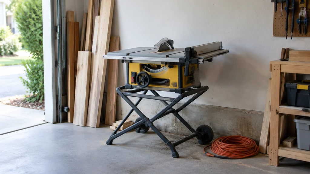 Contractor table saw on a folding stand in a garage workshop