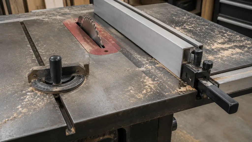 Table saw fence locked to a steel rail on a cast iron top