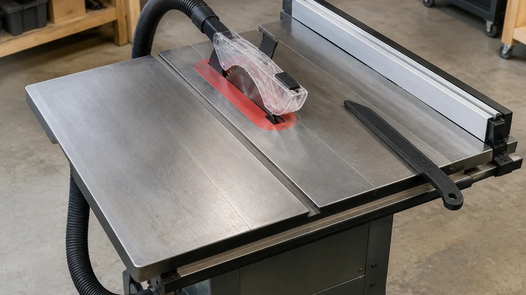Table saw with riving knife, blade guard and dust hose connected