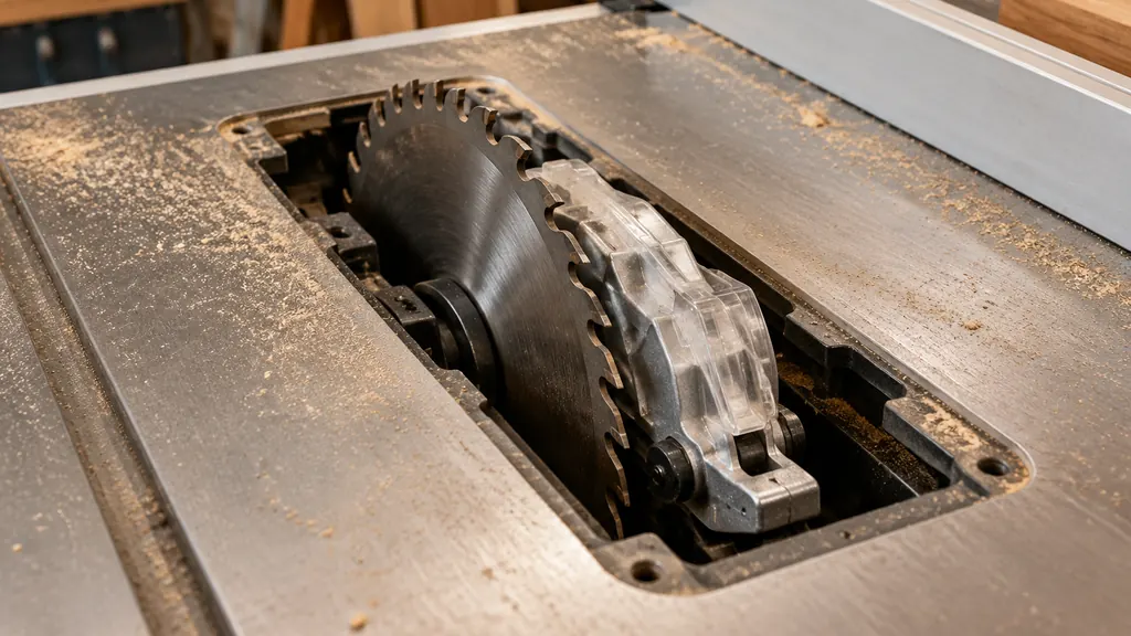 SawStop brake cartridge mounted beside the blade under the table