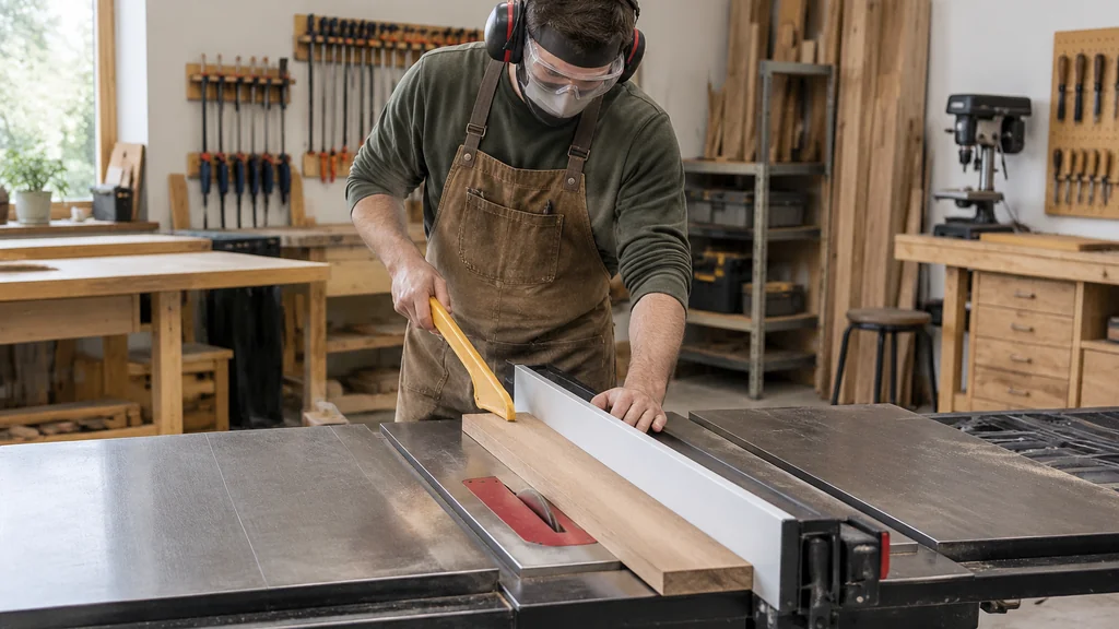 Woodworker using a push stick at a SawStop table saw
