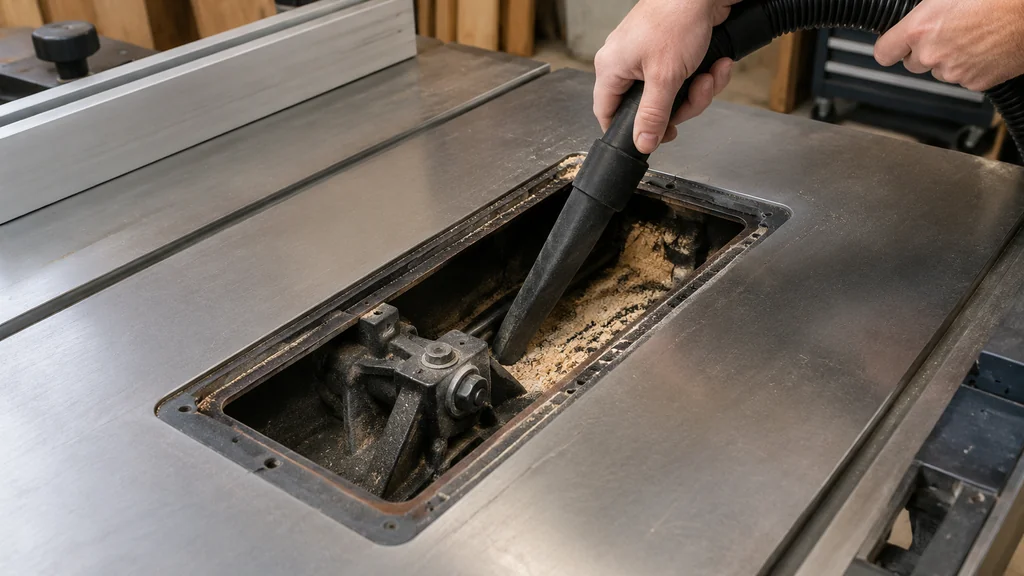Cleaning sawdust from the brake cartridge compartment of a table saw