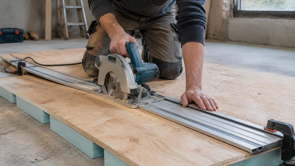 Track saw cutting plywood on foam