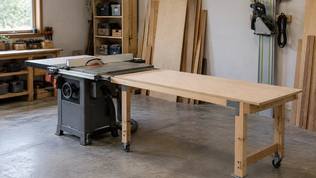 Table saw and track saw stored in a small workshop